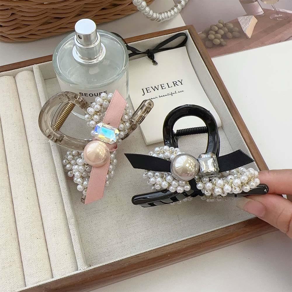 Haarspangen im koreanischen Stil mit Schleife aus Kunstharz für Frauen, temperamentvolle Haarklammer, Kunstperlen, Zirkonia, Pferdeschwanzhalter, Haarschmuck, französische Haarklammer