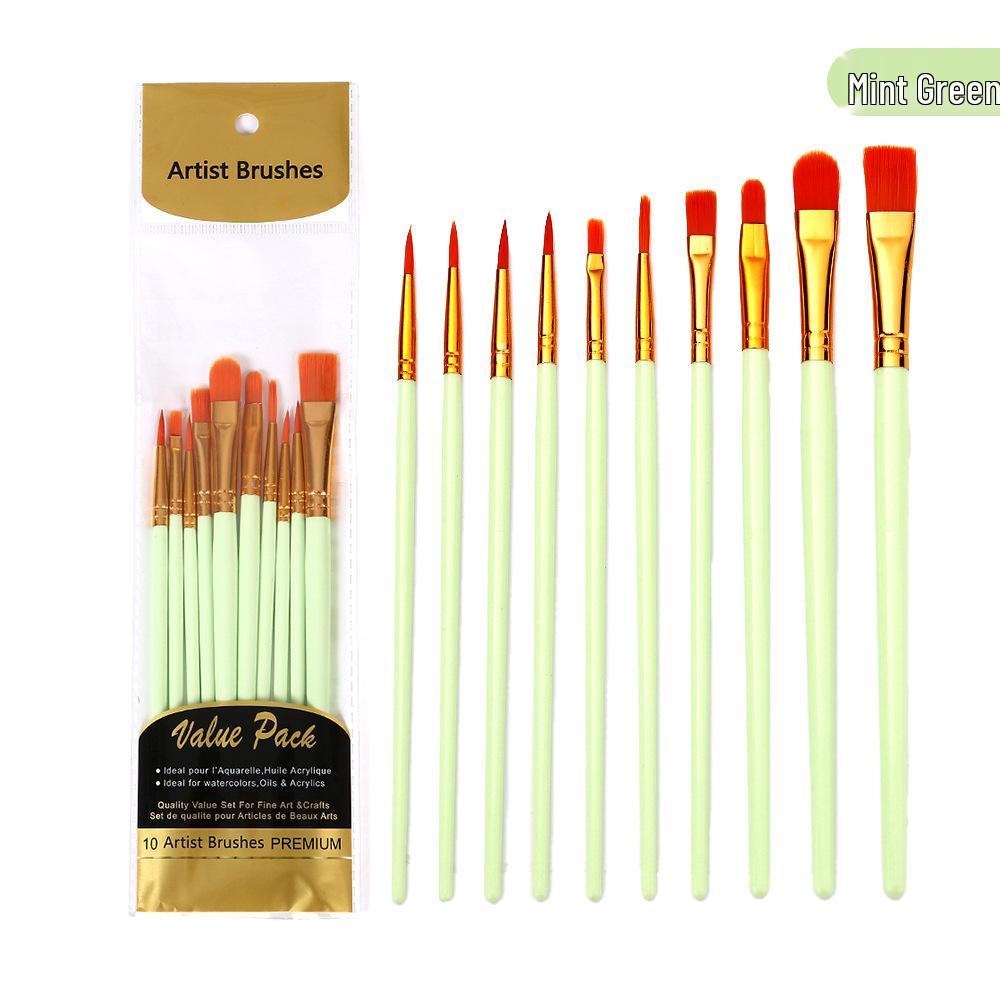 10-Piece Nylon Paintbrush Set with Plastic Handles for Oil, Watercolor, and Gouache Painting