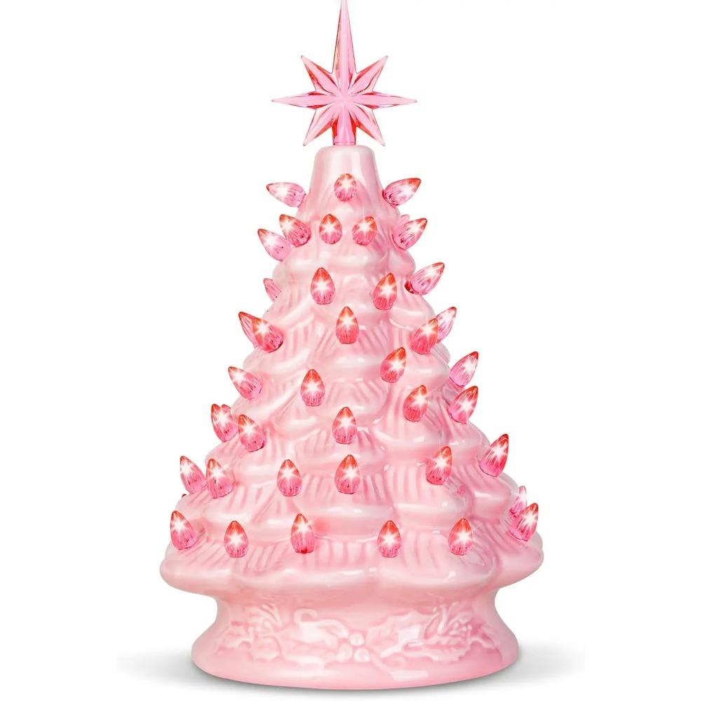 

12 Pink Ceramic Xmas Tree Prelit Tabletop Xmas Tree Featuring Extra Pink Top Star Designed for Xmas Tabletop Decor 12 inch