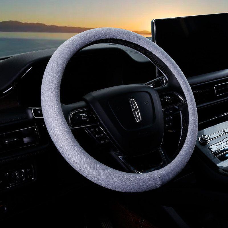 Car Steering Wheel Cover D-Shaped Handlebar Cover Summer Breathable Non-Slip Sweat-Absorbent Linen All-Season Universal Cartoon Cute for Women