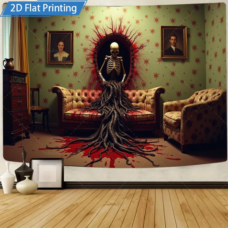 1pc Wall Tapestry Gothic Cemetery Tapestry with Bat and Sunset, Halloween Decor Art