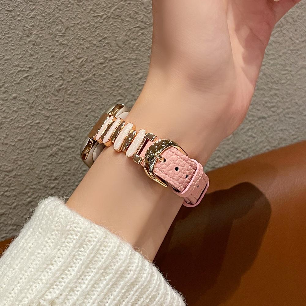 Women Luminous Moon White Beaded Lychee Grain Spliced Leather Slim Strap for Apple Watch Series12 11 10 SE1 2 3/Ultra4 3 2 38/42/44/45/49 mm