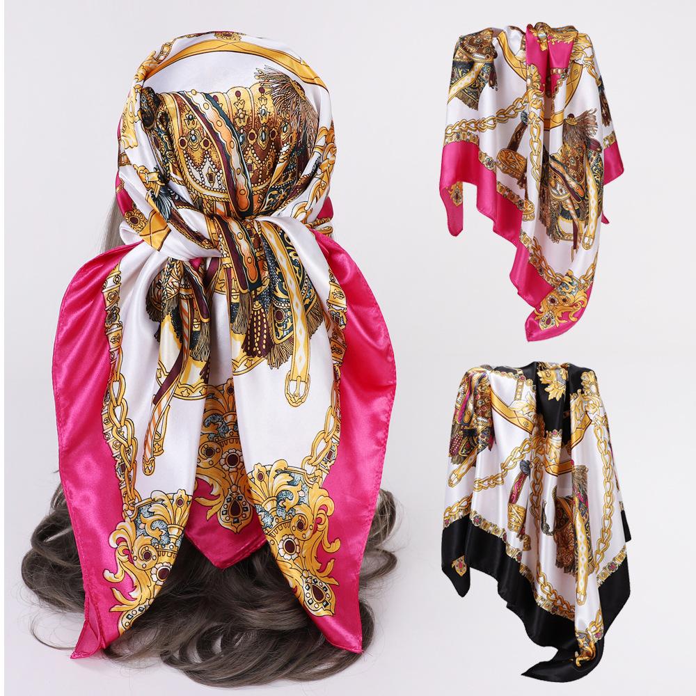 Saddle-print silk scarf, 90cm square, luxurious ladies’ shawl, satin headscarf