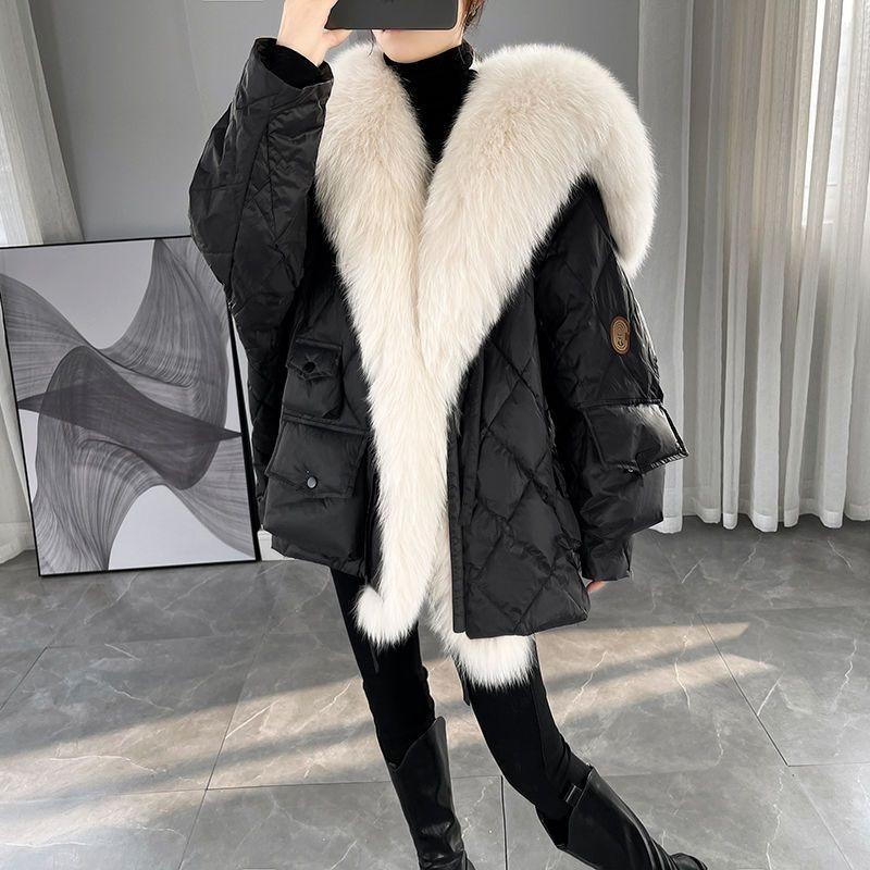 

New Navy collar fur imitation fox hair medium and long down cotton jacket women s winter tide S чёрный