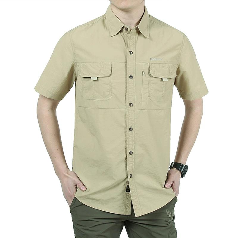 Summer Men Short Sleeve Shirts Quick Dry Turn Down Collar Shirt Outdoor Hiking Camping Fishing Clothing