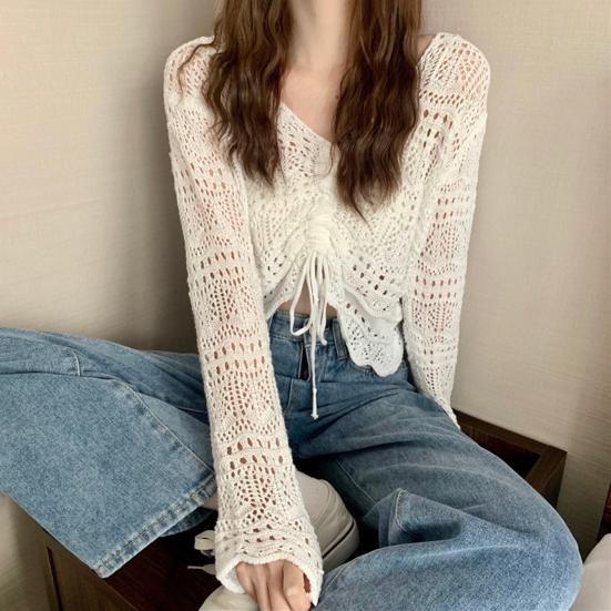 Women Cover Up Tops V-Neck Drawstring Design Long Sleeve Pullover Tops Solid Color Loose Fit Hollow Design Sunscreen Cover Up