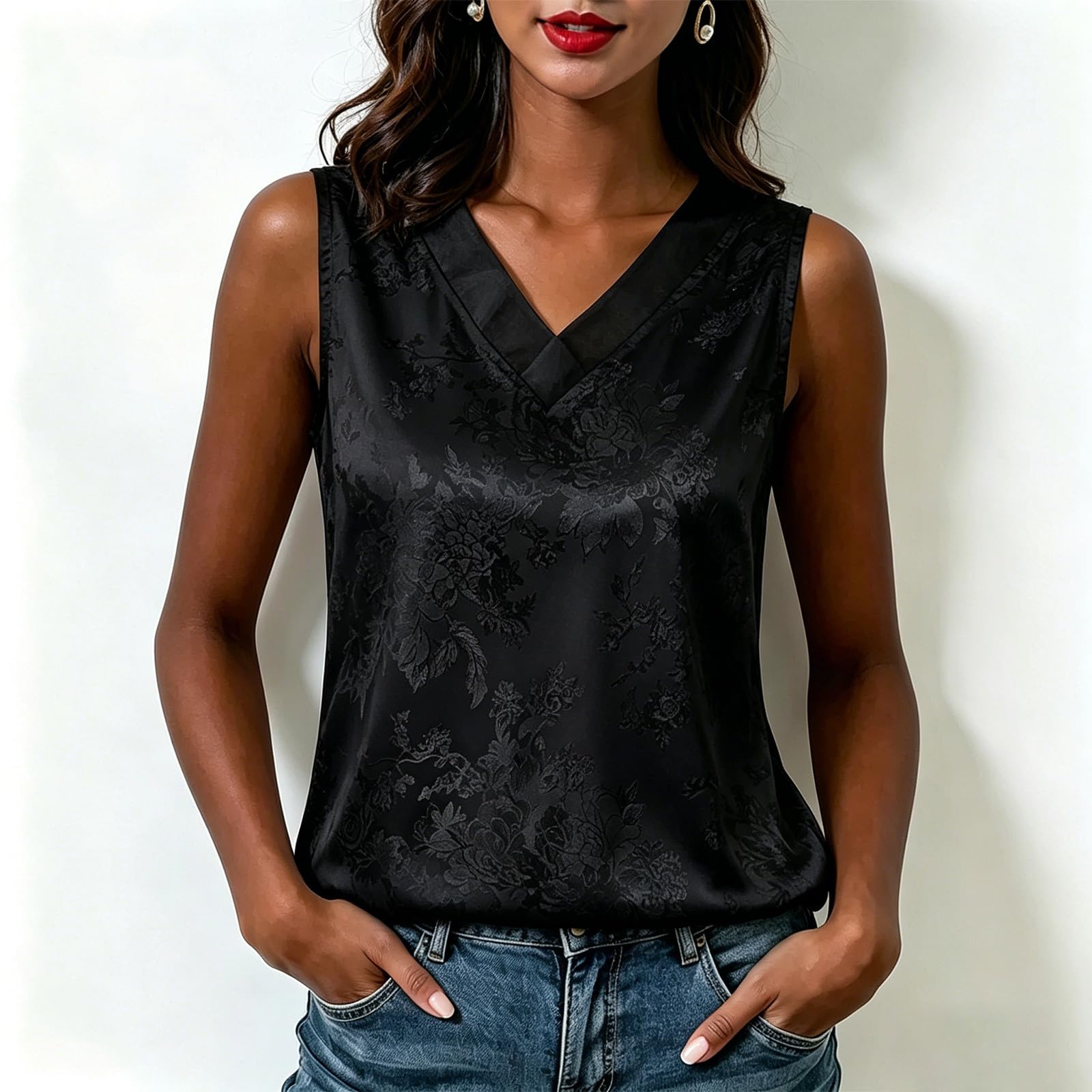 Women s Sleeveless Satin Tank Top V Neck Mesh Insert Casual Blouse Lightweight Summer Shirt L чёрный