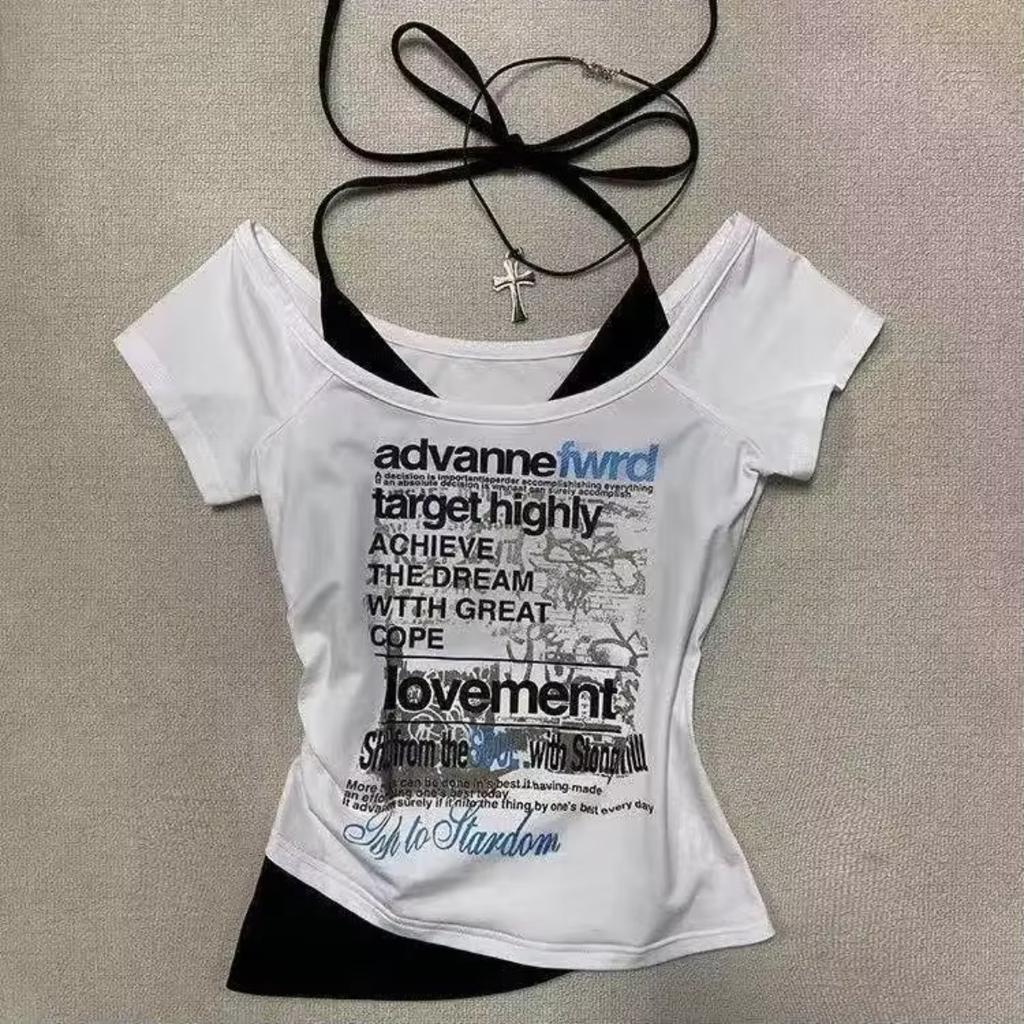 Camisetas de verano de dos piezas con cuello halter y vendaje estilo vintage, camisetas Y2k estéticas ajustadas, camisetas sexis informales con estampado grunge para mujer