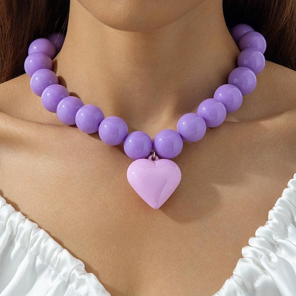 Adjustable Heart-shaped Pendant Necklace Metal Acrylic Round Bead Necklace For Women