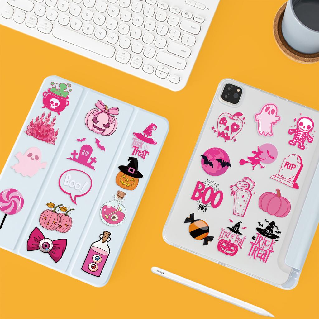 50Pcs Transparent Cartoon Pink Halloween Sticker Packs, Waterproof Transparent PET Hand Account Decorative Guitar Notebook Stickers
