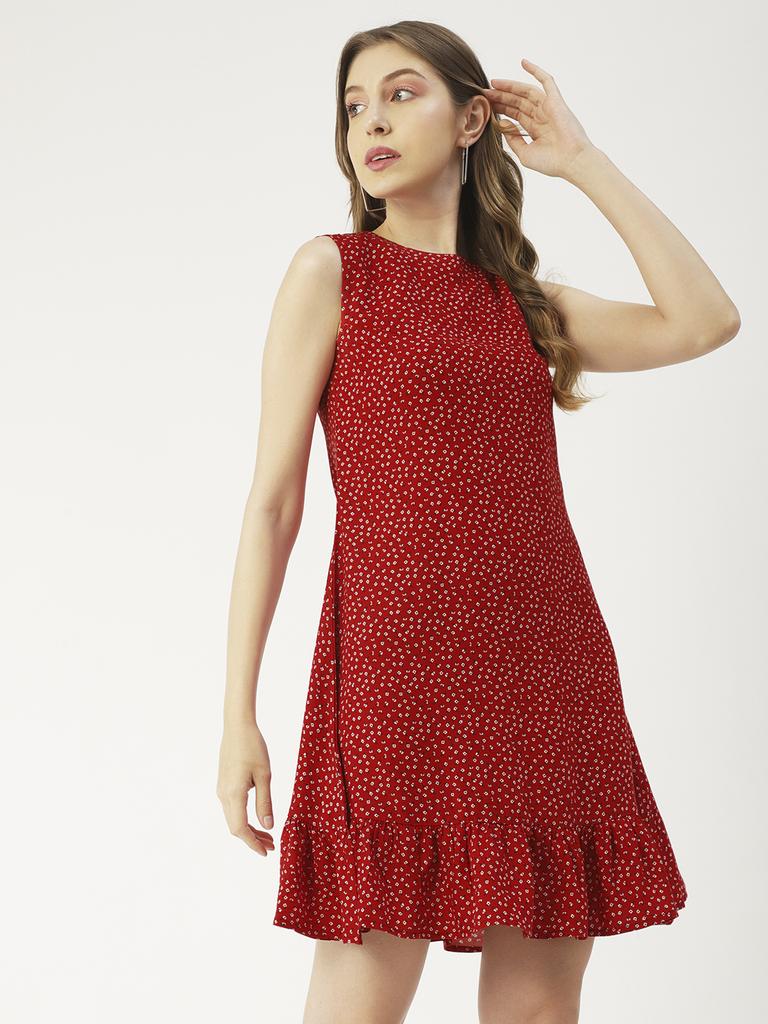 Moomaya Women  S Printed Short Dress, Sleeveless Frilled Hem Round Neck Mini