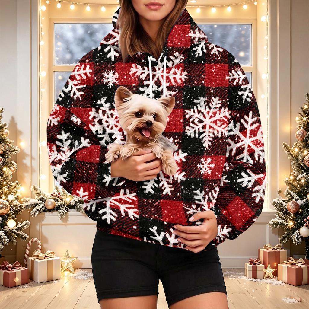 Women's Fashion Plaid Print Hoodie with Pet Pocket, Casual Sweatshirt for Everyday Wear