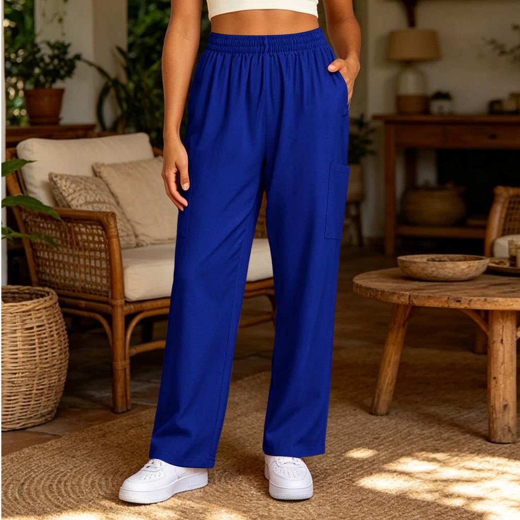 Women’s Casual Relaxed Fit Long Pants with Elastic Waistband and Side Pocket for Everyday Wear and Leisure Activities