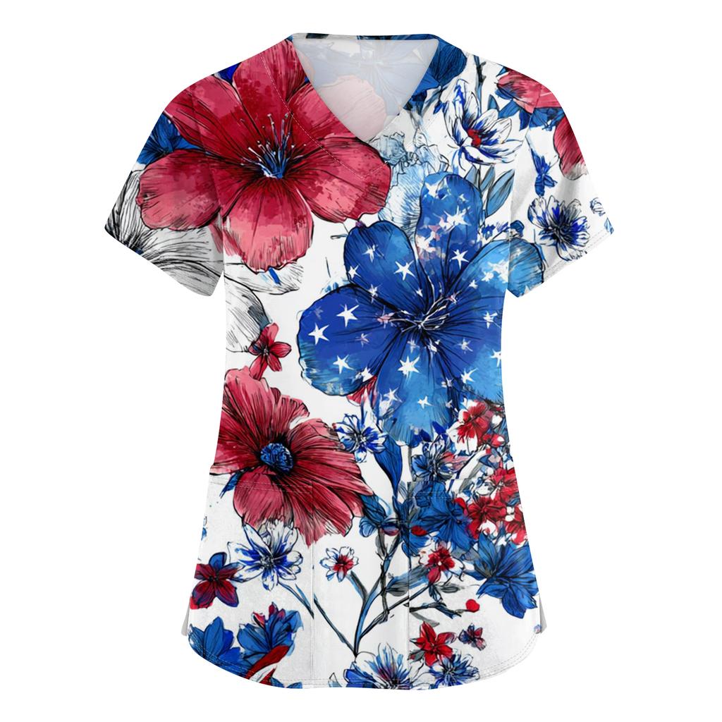 Women's Fashionable V-Neck Short-Sleeved Work Top With Pockets And Independence Day Print  Uniform