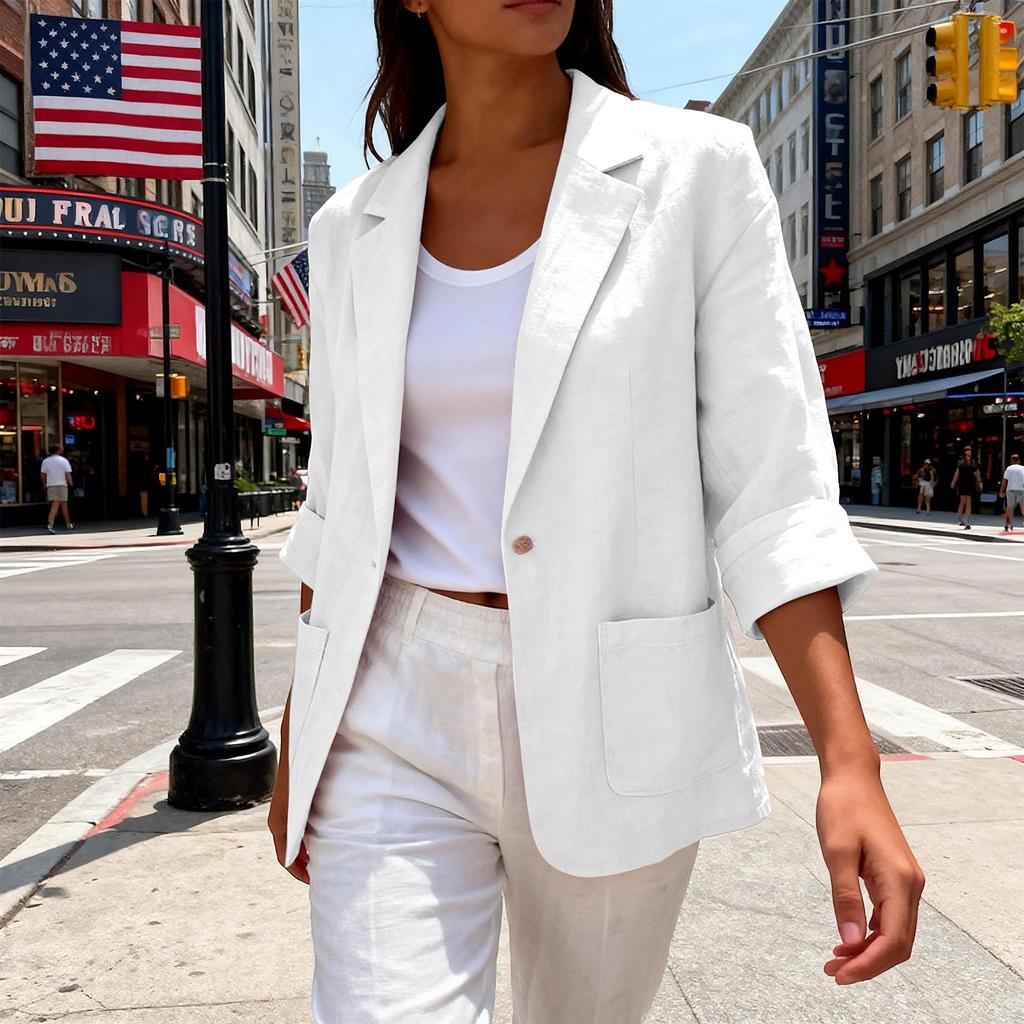 Women's Casual Linen-Cotton Cardigan with Pockets and Seven-Eighths Sleeve