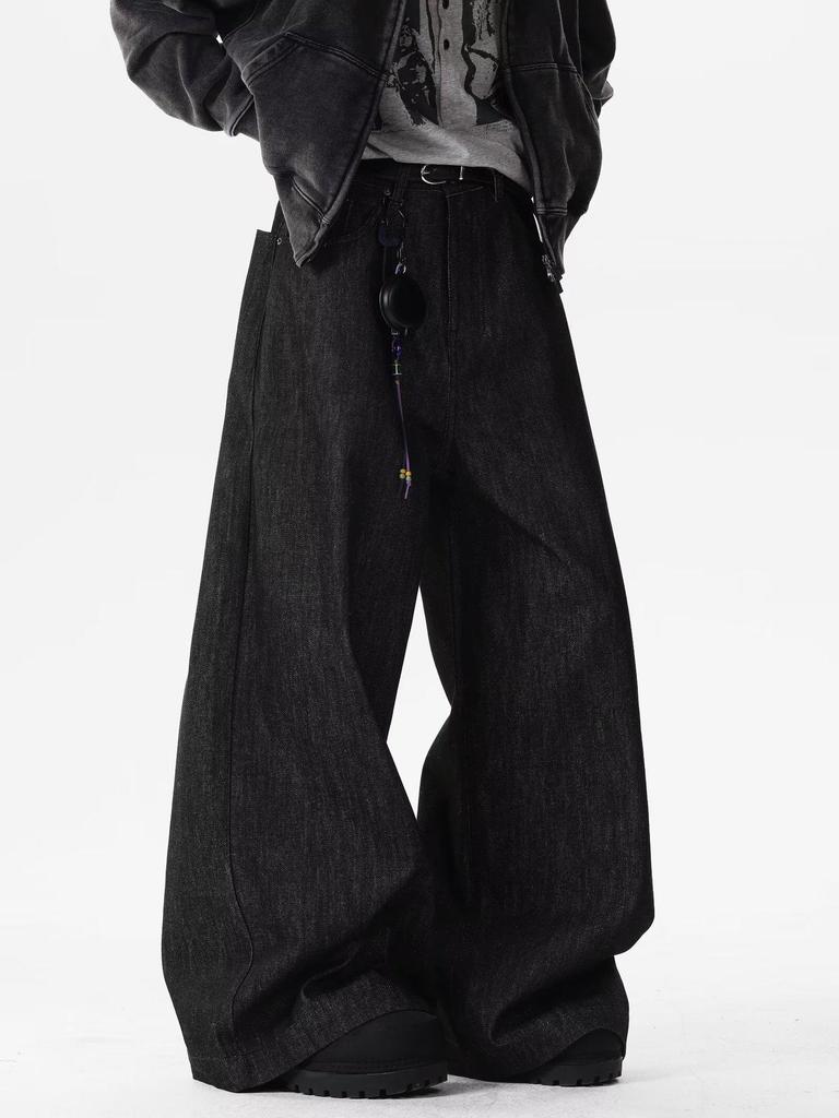 Red Dragon Embroidered Curved Blade Denim Pants: Unisex Wide-Leg, Slight Flare, Long Workwear Style.
