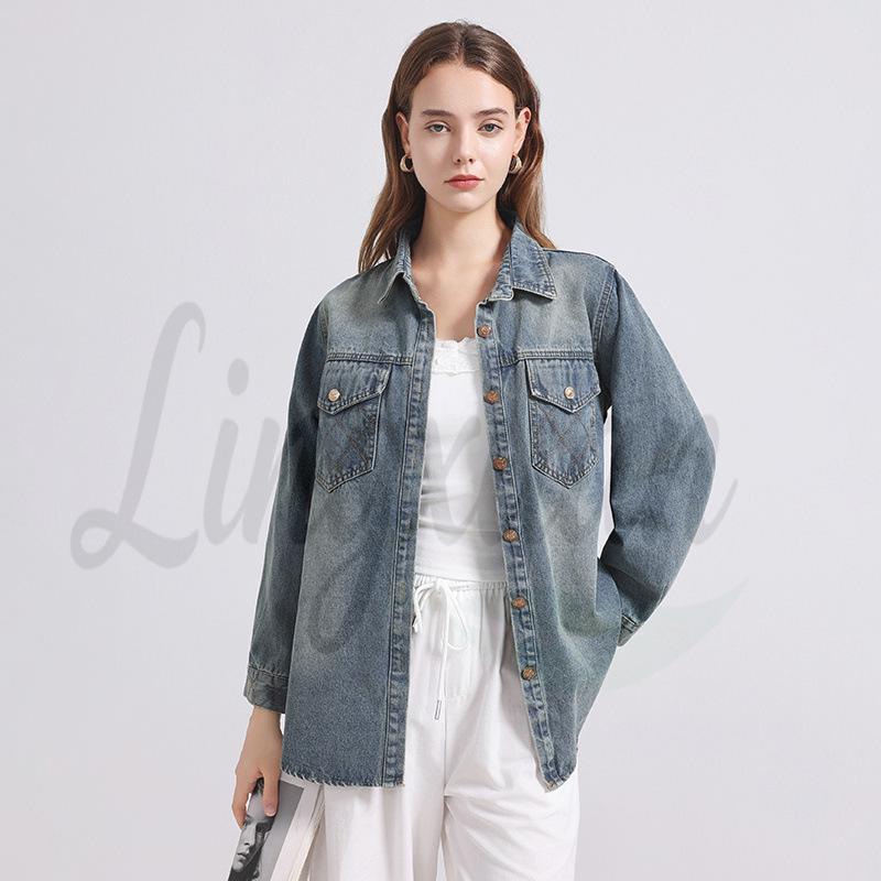 New French Fashion: Classic Meets Distressed Embroidered Layered Denim Shirt Medium