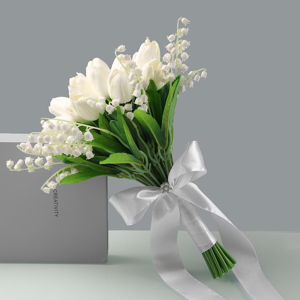 Minimalist White Wedding Bouquet with Artificial Tulips and Lily of the Valley, Large Satin Bow with Crystal Center