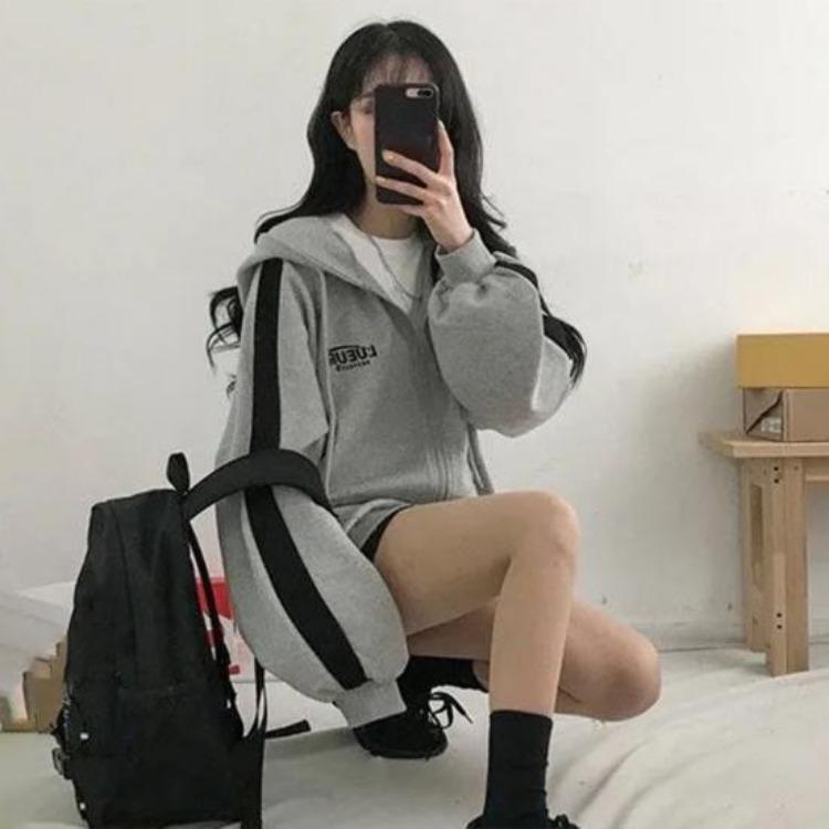 Women Hoodie Coat Spring Loose Zipper Cardigan Long Sleeves Soft Keep Warm Contrast Color Hooded Casual Outerwear