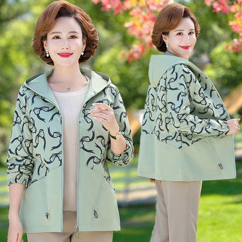 

Жіночий тренч з капюшоном і довгими рукавами з новим принтом, вільний великий розмір 5XL, верхній одяг для жінок похилого віку, вітрівка 4XL