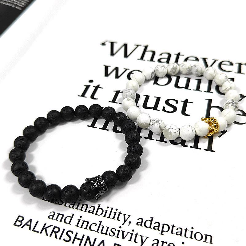 European & American Zirconia Crown Bracelet with Volcanic Stone & White Pine Beads