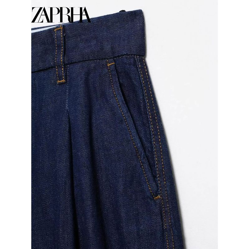 Zaprha 2025 New Arrival Denim Effect Wide Leg Relaxed High Waist Normcore Temperament Leisure Pleated Pants for Women 2881781