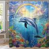 Ocean World Dolphins And Sharks Shower Curtain, Underwater World Bathroom Decorative Curtain, Printed Home Curtain With Hooks