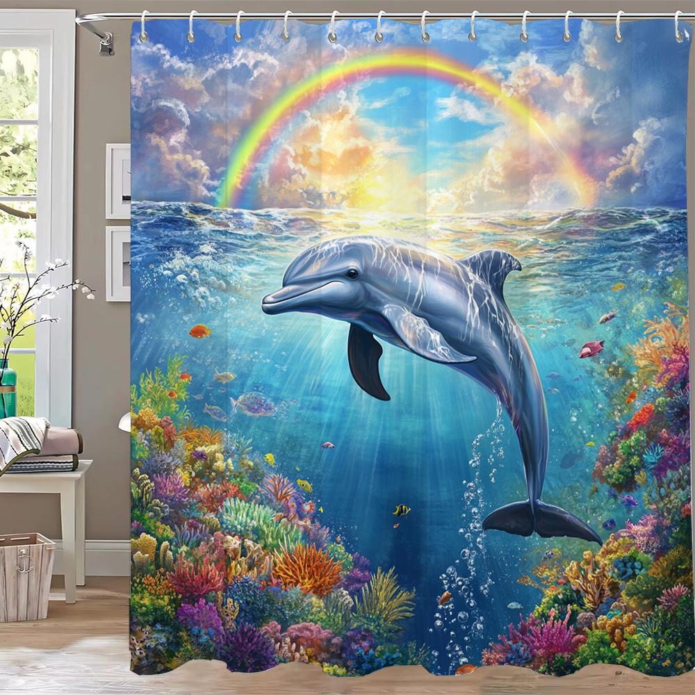 

Ocean World Dolphins And Sharks Shower Curtain, Underwater World Bathroom Decorative Curtain, Printed Home Curtain With Hooks W60H190(CM)-1 Pcs