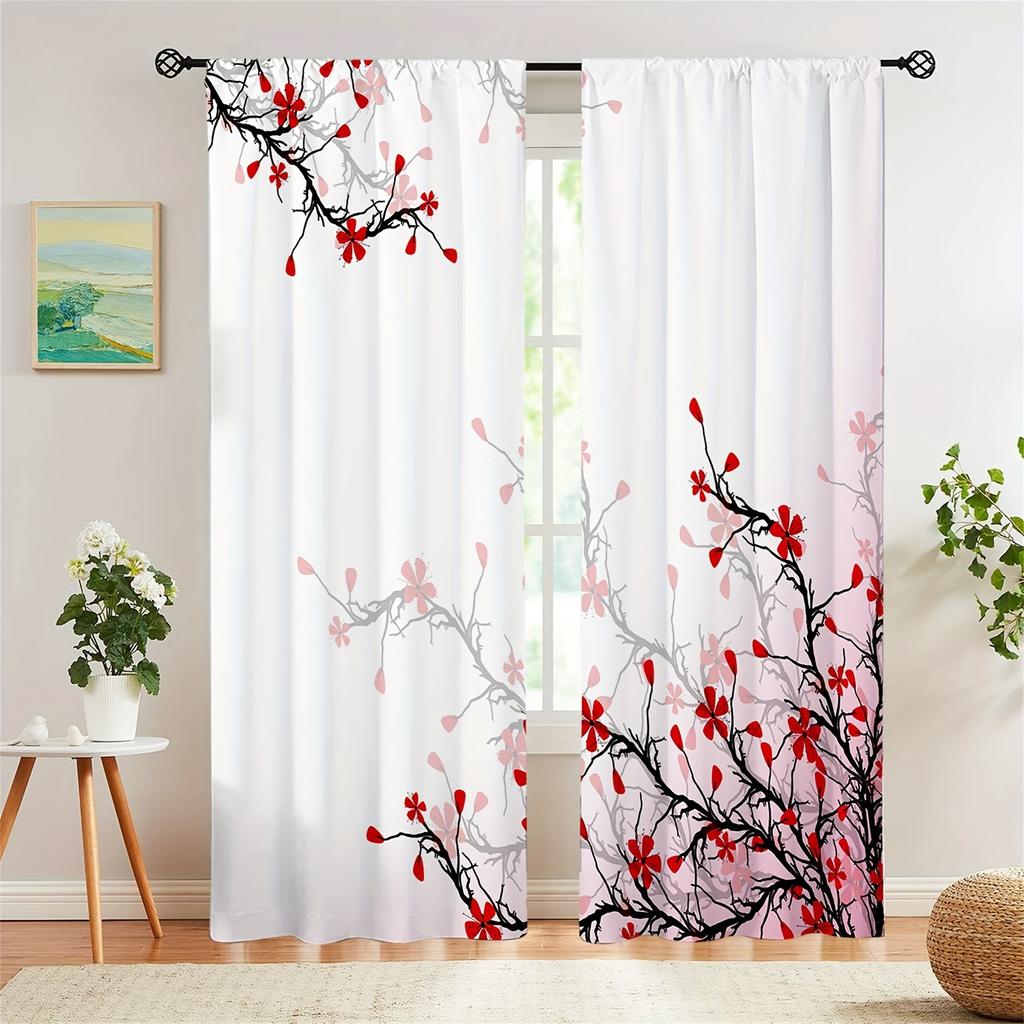 2pc Chinese Ink Painting Red Flower Printed Curtain For Bedroom Office Kitchen Living Room Rod Pocket Window Treatment For Home