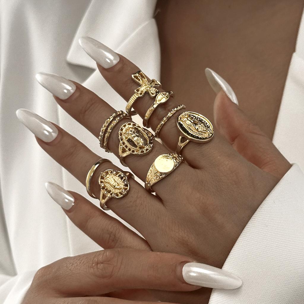10Pcs/Set Vintage Irregular Textured Ring Set For Women Gold Plated Tiger Eye Sun Cross Geometric Knuckle Join Rings Jewelry