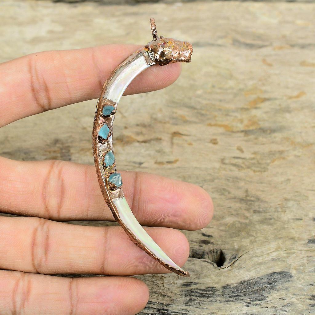Abalone Shell Rough Pendant Electroformed Copper Pendant Handmade Aquamarine Rough Pendant Electroformed Jewelry For Gifts Gemstone Pendant