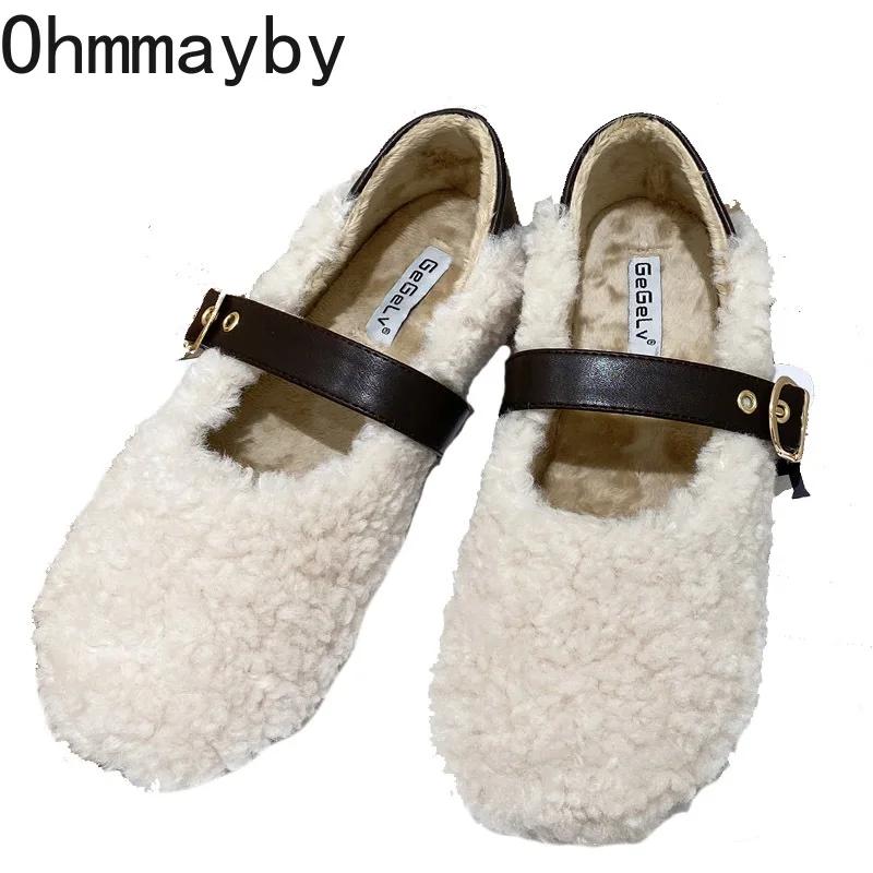 2024 Spring Lambhair Women Ballet Laofer Flat Shoes Shallow Slip On Ladies Fur Mary Jane Shoes Soft Outdoor Granny Shoes