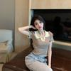 Striped T-shirt Women's Summer Thin Polo Collar Short-sleeved Short High-waisted Navel Design Niche Knitted Top