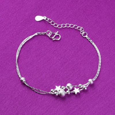 Silver Women's Bracelet - Double-Layered Hand-Beaded Jewelry with Small Star Light Sand Beads Anklet - Japanese and Korean Style
