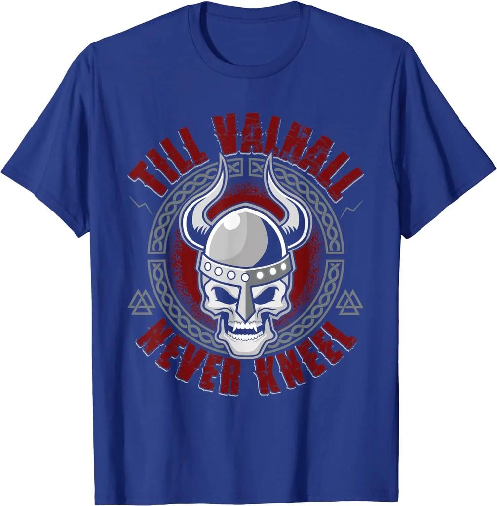 Till Valhall Never Kneel Nordic Warrior Skull TShirt 100 Cotton ONeck Summer Short Sleeve Casual Mens Tshirt Size S3XL