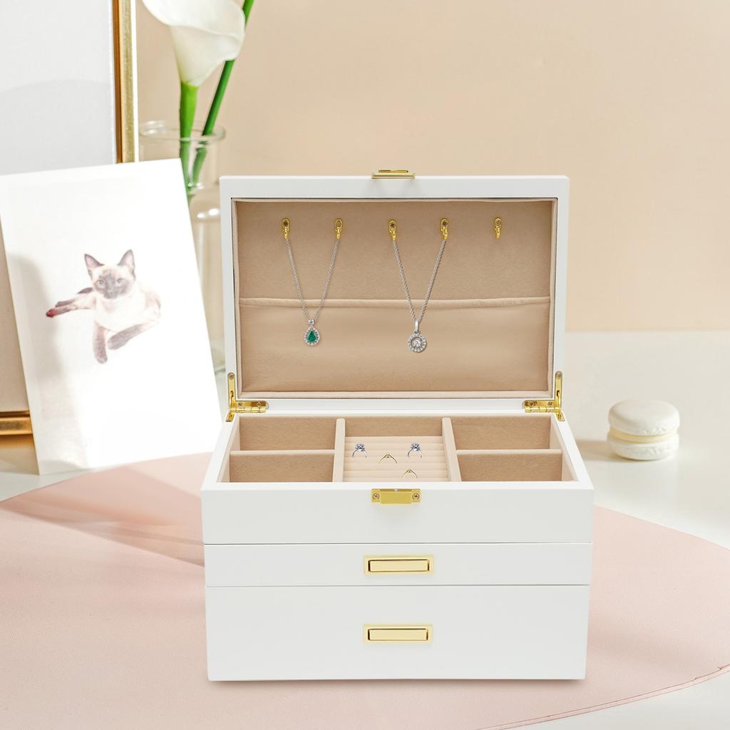 3-Layer Jewelry Organizer Box for Women, Modern White Jewelry Storage Box with Plush Lining, Rectangular Jewelry Display Case