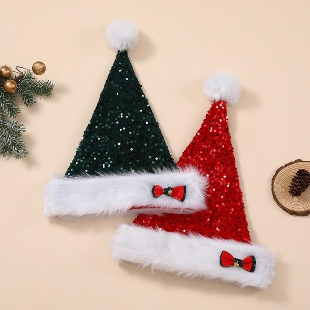 Portable Sequin Santa Hat with Bow Bell White Trim Trim Xmas Hat Christmas Costume Headwear Adults and