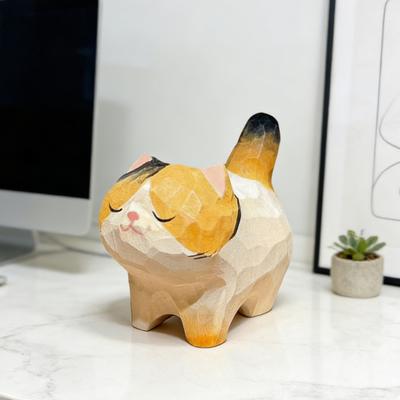 Cat Ornament Hand-Carved Wood Carving Compact Size Kitten Figure Wealth Symbol Desktop Car Bookshelf Decoration