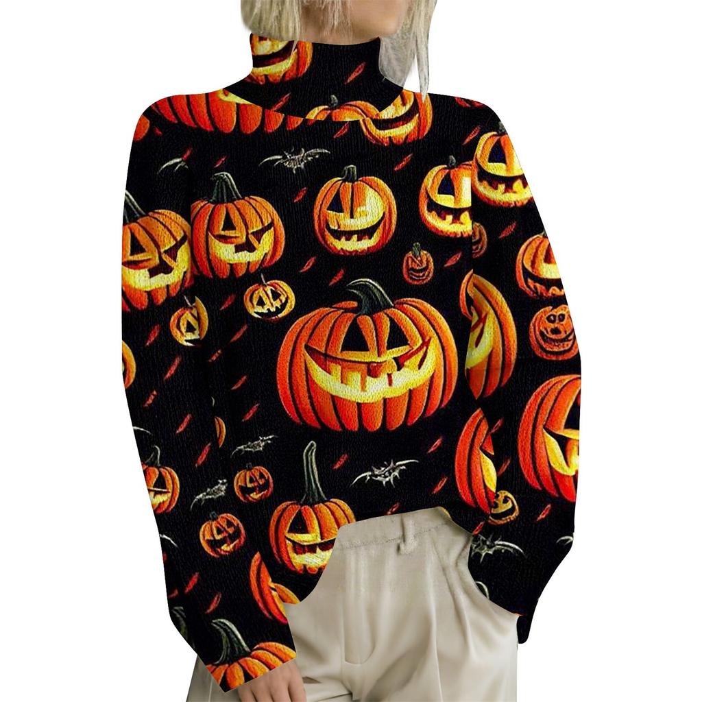 HJX-GL1 Turtleneck Pullover Long Sleeve Halloween Devil 3D Printed Sweater New Loose Autumn and Winter