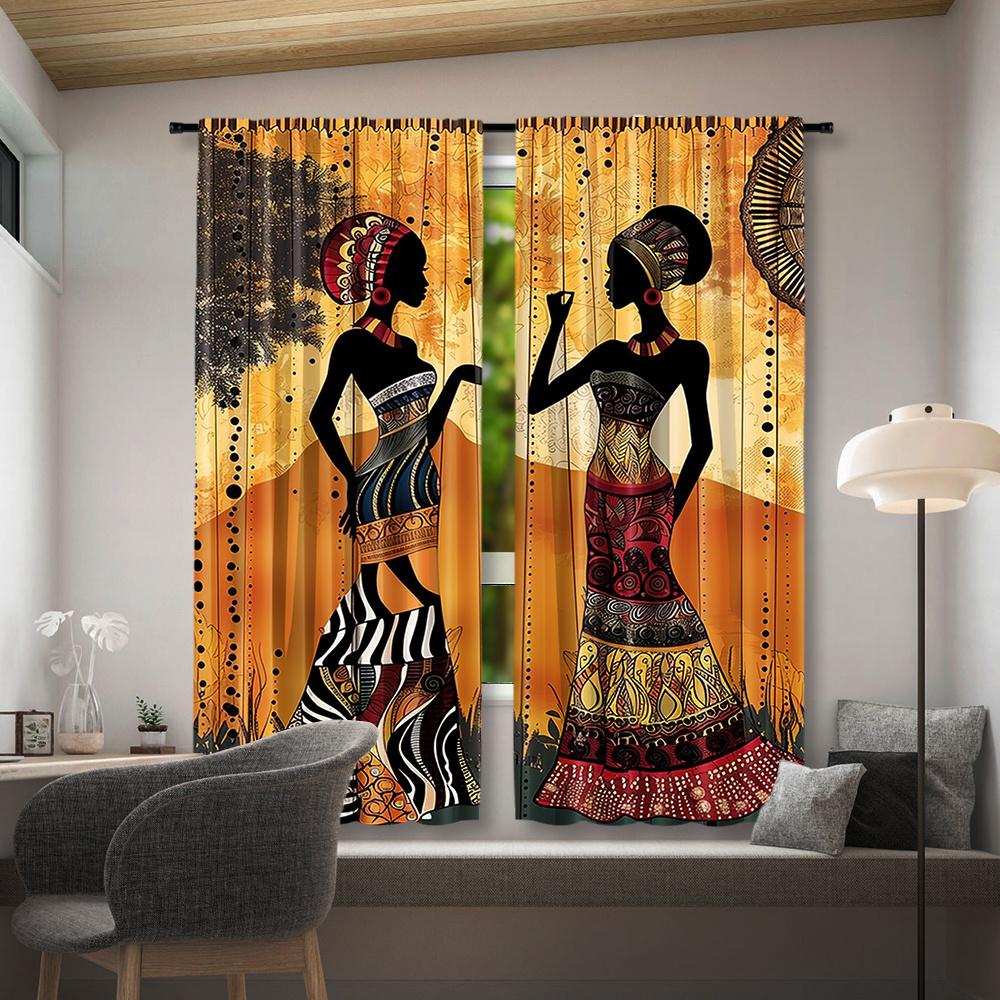 African Women Print Rod Pocket Window Curtains - 2pcs Woven Polyester Pongee Decorative Panels for Bedroom   Living Room and Offi