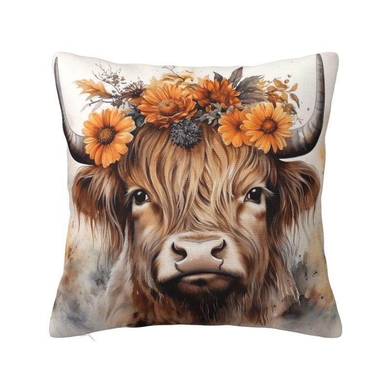 Modern Highland Cow And Flower Throw Pillow Covers Home Decor D Print Sofa Cushion Cover Polyester Soft Pillowslip Dakimakura