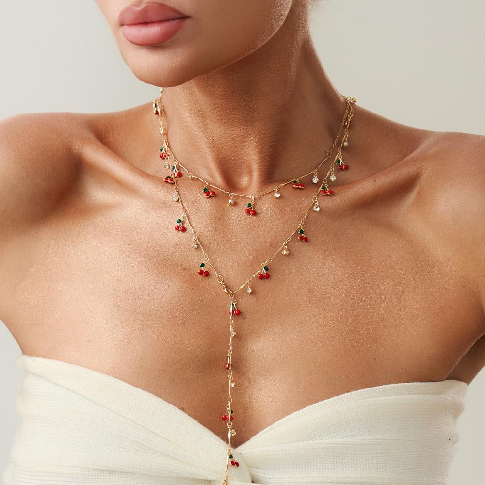 Copper Y-shaped Cherry Necklace Gold Women Long Necklace Creative Clavicle Chain  Girls
