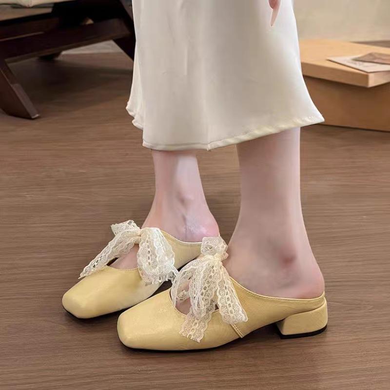 

Модные шлепанцы-баотоу на блочном каблуке, летние новые, с квадратным носком, мелким вырезом, кружевным бантом, нескользящие, износостойкие, прохладные для мытья пола 40