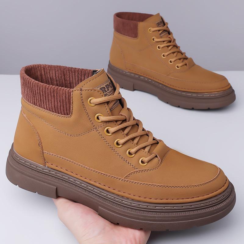 Fashion Designer Leather Velvet Warm Platform Boots for Men Autumn Winter Soft-soled Men's Cotton Shoes Fashion Yellow Ankle Boots Male