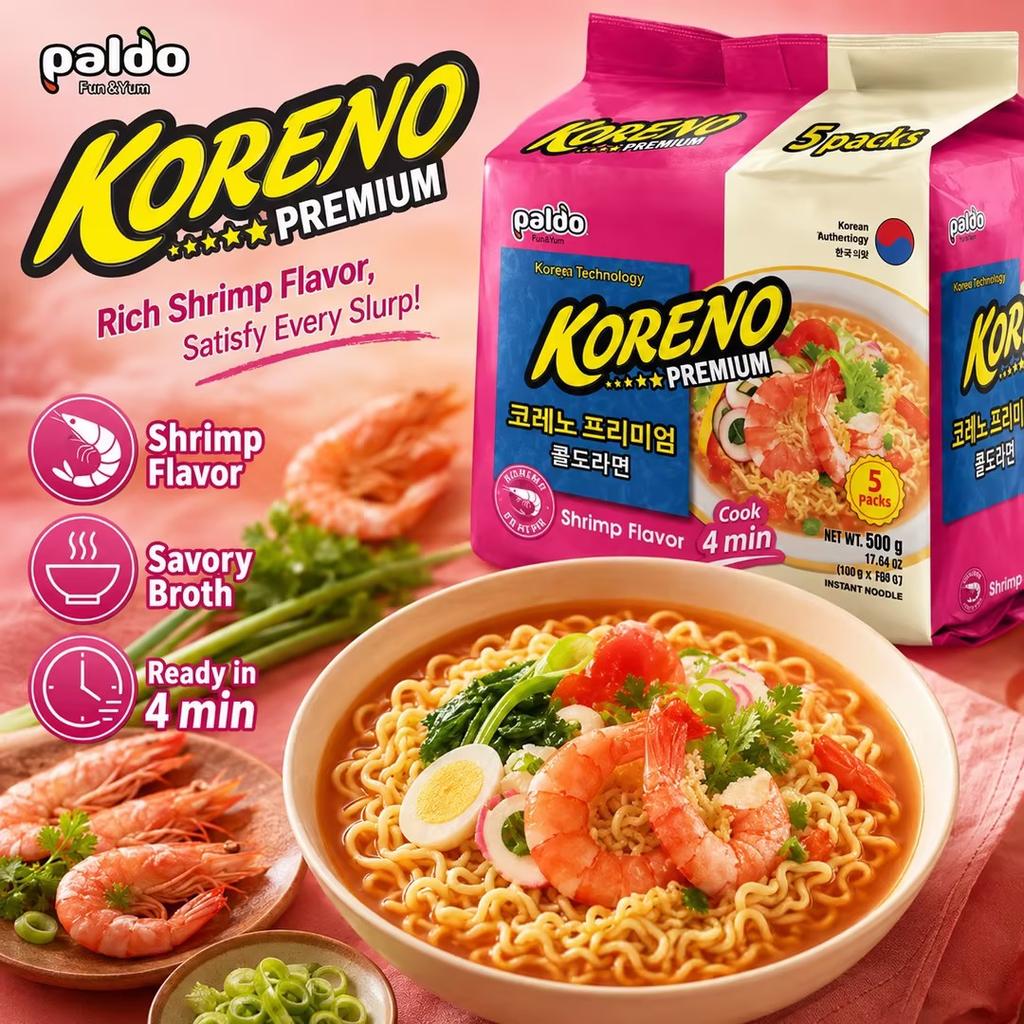 PALDO Shrimp Soup Noodle Multi Pack 100g*5pcs | Savory shrimp broth, springy noodles, practical multi-pack