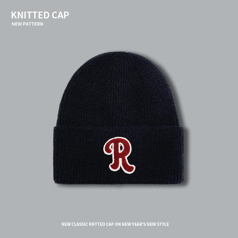 R Buchstabe süß cool vielseitig trendig Strickmütze Herbst und Winter verdickt warm Ohrenschützer Wollärmel Kopf Kältemütze