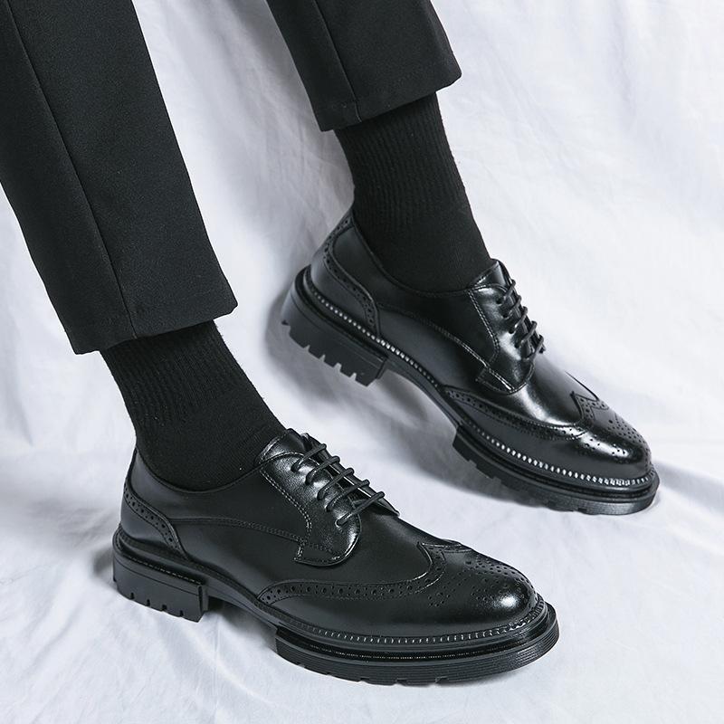 Foreign trade leather shoes men's hand scratching business dress shoes cowhide lace-up thick-soled British breathable groom wedding shoes