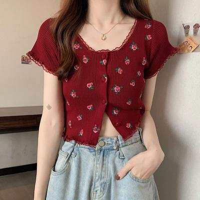 Knitted Short-sleeved T-shirt for Women with Design Sense Small Floral Crop Top for Spicy Girls In Summer Trendy In Ins Style