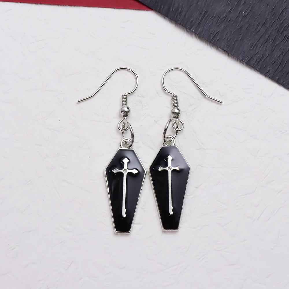 European & American Gothic Halloween Earrings: Coffin, Bat, Vampire, Cross Designs