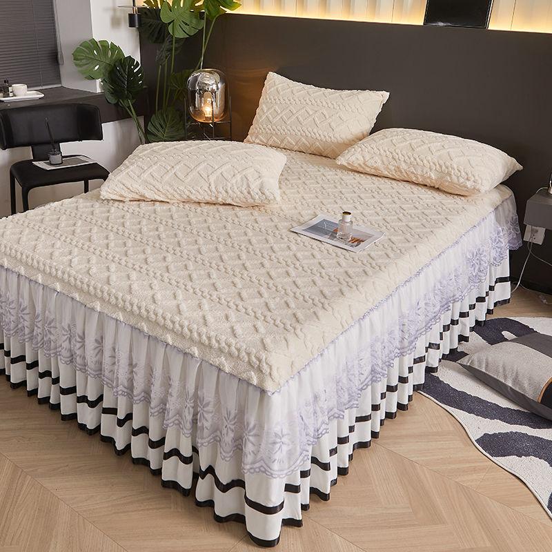 3-teiliges Bettrock-Set, verdicktes Korallenfleece-Spannbettlaken, Bettdecke einteilig Flanell All-inclusive rutschfester Bezug